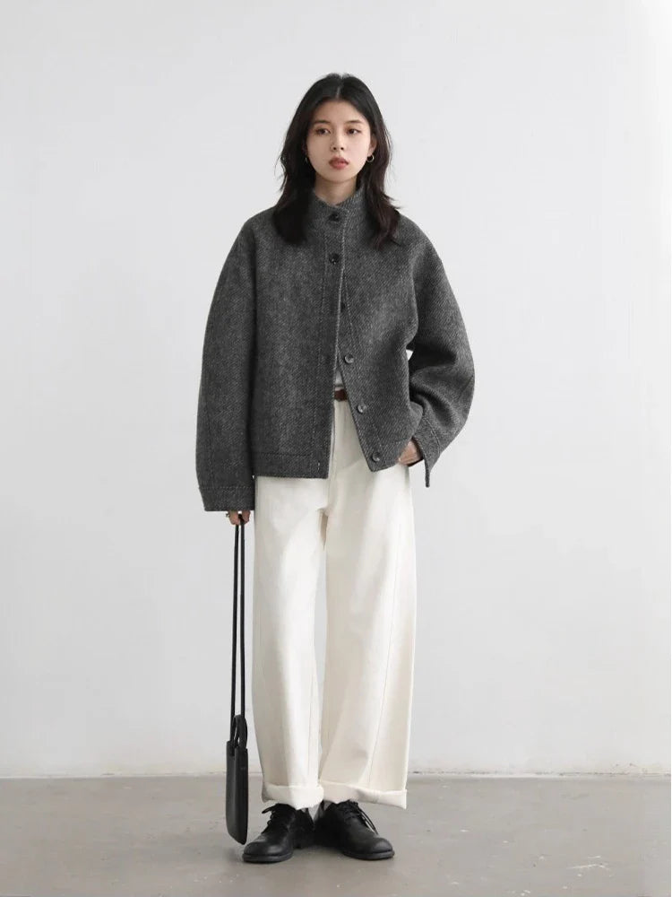 CHIC VEN Women Short Woolen Coat New Stand Up Twill Texture Single Breasted Ladies Jacket Retro Woman Outwear Autumn Winter 2025 LadyShow.Store