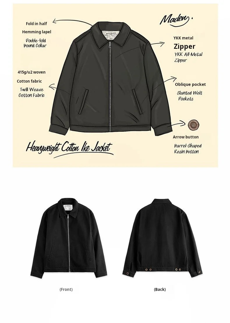 Maden Men's Vintage Ike Jacket Heavyweight Black Cotton Zip-Up Coat Lapel Collar Casual Outdoor Mountain Jacket for Spring Fall Pi-Mart