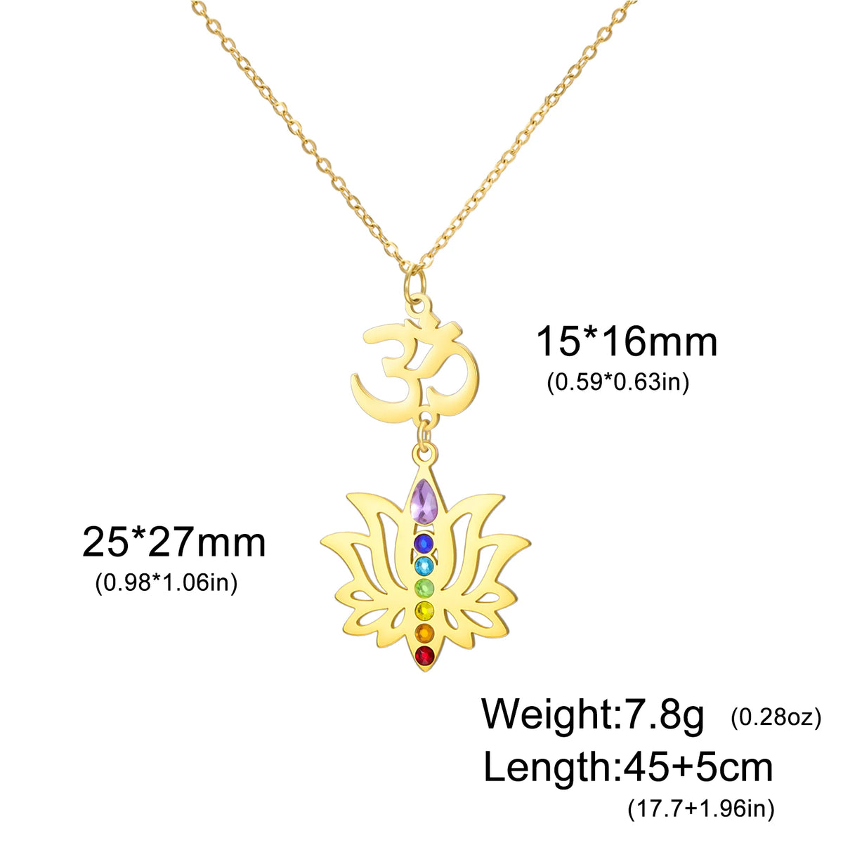 Gold Plated 7 Chakra Lotus Flower Necklace with Om Symbol Spiritual Yoga Jewelry Seven Colorful Zircon Lotus Flower Necklace Pi-Mart