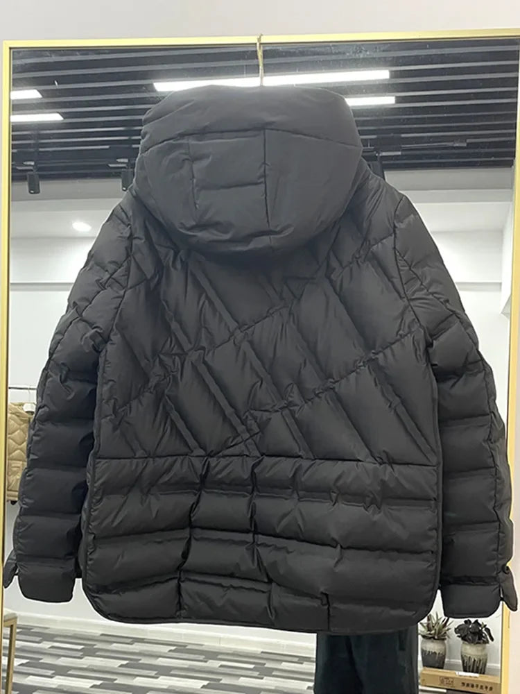 Winter Women 90% White Duck Down Coat Female Stand Collar Single-Breasted Puffer Jacket Casual Loose Hooded Parkas Coat Women LadyShow.Store