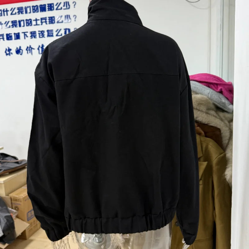 Stylish Girl Stand Collar Street Jacket Personality Button Zipper Solid Jacket Date Commuter Clothing Female New Casual Clothes Pi-Mart