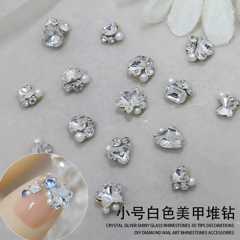 10pc Flash Mini Nail Art Diamond Pile Accessories White Heart Butterfly Fat Square Snowflake Nail Charms DIY Nail Art Decoration Pi-Mart