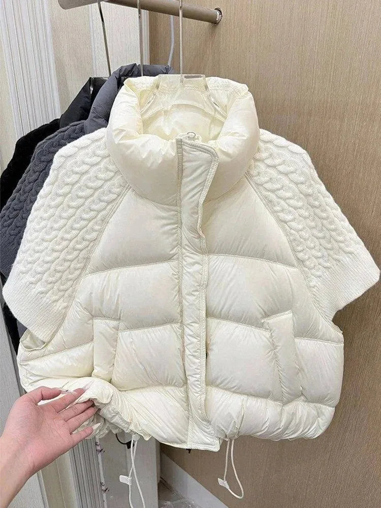 Short Puffer Jacket Sleeveless Duck Down Coat Warm Lightweight Patchwork Knitted Warm Drawstring Short Puffer Down Waistcoat LadyShow.Store