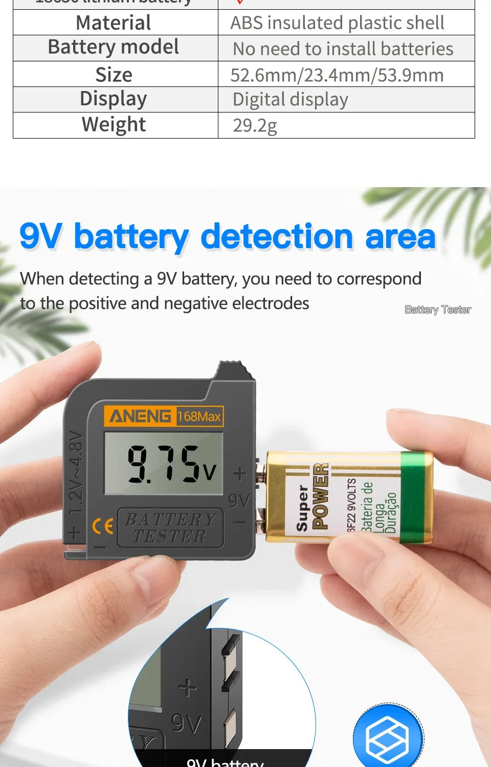 ANENG 168MAX Self Powered Digital LCD Battery Checker AA AAA C D 9V Button Cell 18650 Lithium Cell Voltage Capacity Test Tool Pi-Mart