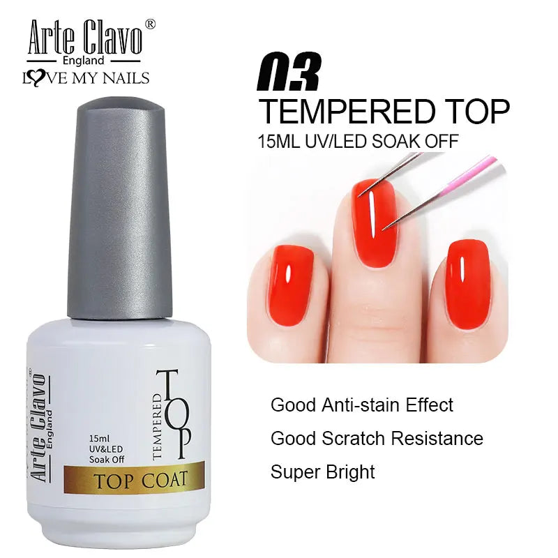 Arte Clavo Top Gel Polish 15ml Semi Permanent Varnish Function Gel Base Super Top Coat Transparent Gel Nails Soak Off Gel Tri Light Beauty