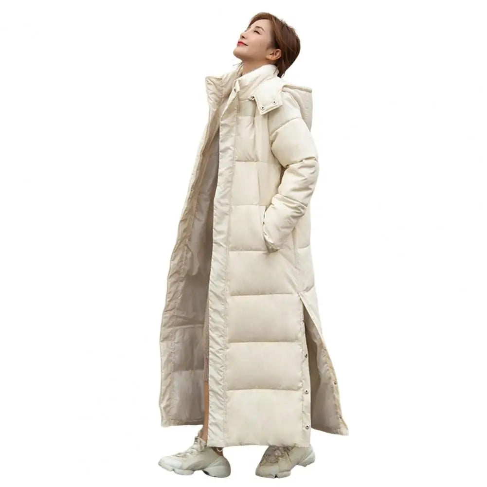 2024 Oversized Coat Hooded Long Sleeve Pockets Side Slit Hem Down Jacket Pockets Thickened Long Warm Down Cotton Outwear LadyShow.Store