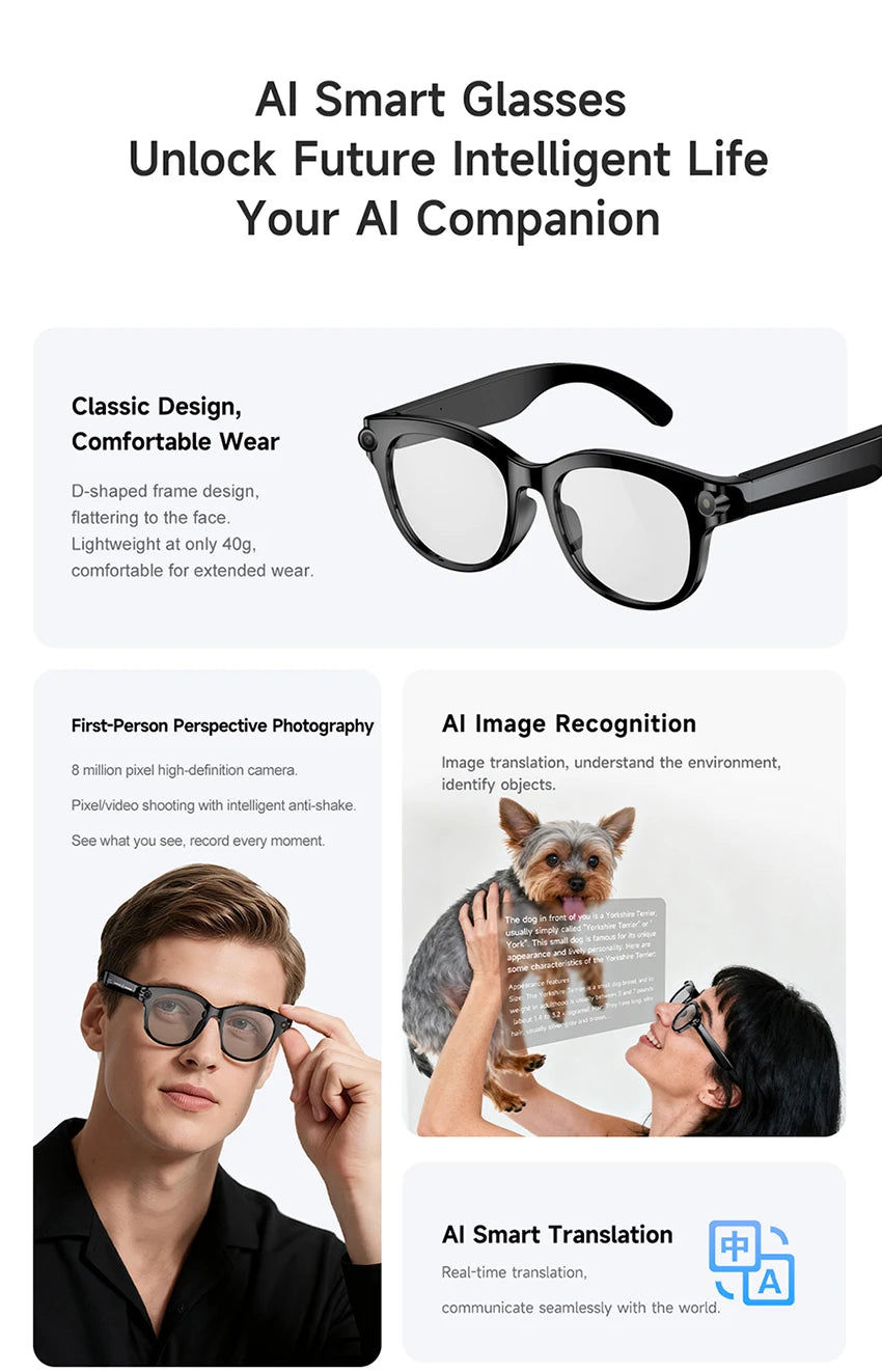 Lenovo 2026 New 8K AI Translation AI Smart Glasses Bluetooth Calling Music Player Camera Control Anti Blue Light Sunglasses Pi-Mart