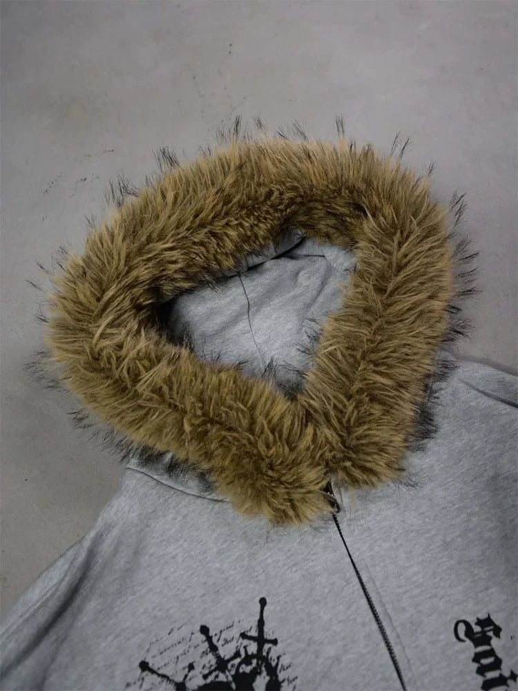 Winter Fashion Streetwear Women's Gothic Printed Faux Fur Hooded Jacket Trendy Edgy Zip - Up Sweatshirt 2026 New Arrival LadyShow.Store