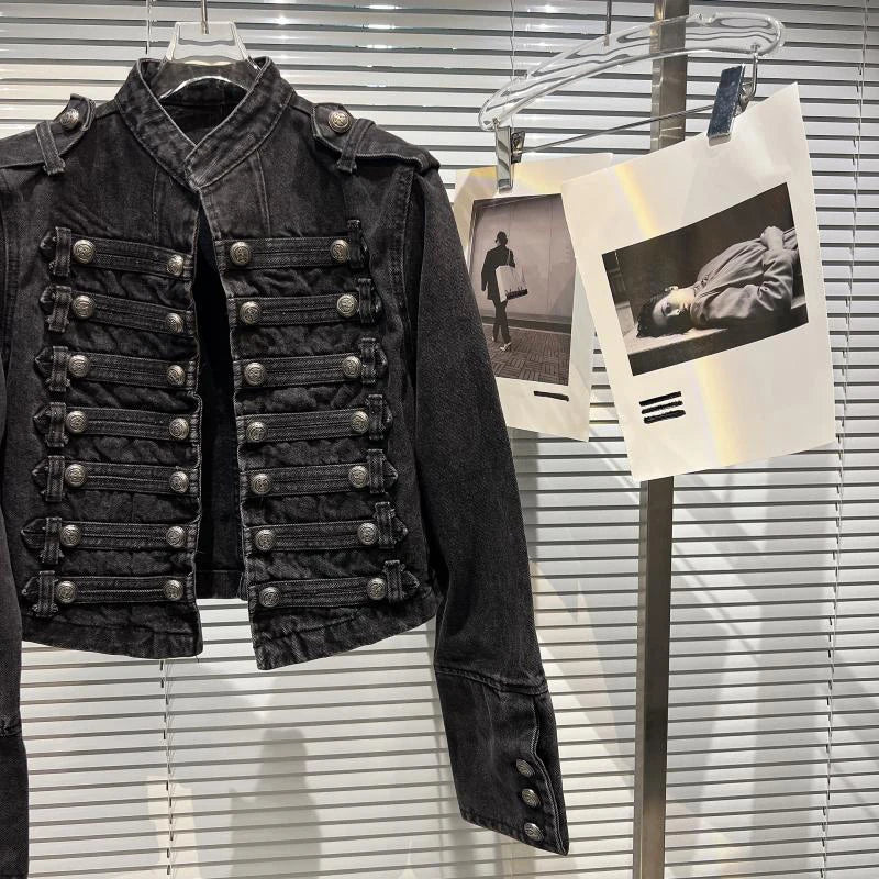 Punk Style Black Stand Up Collar Denim Jackets Vintage Washed Motor Coat For Women 2025 Autumn New Loose Long Sleeve Outerwear LadyShow.Store
