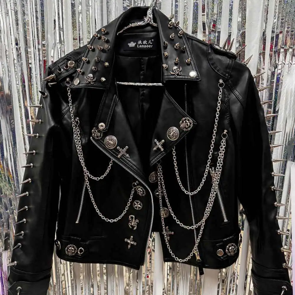 Gothic E-Girls Skull PU Leather Jacket Y2K Trendy Punk Rock Harajuku Chain Cross Street Wear Digital Glitch Core Club Goth Pi-Mart