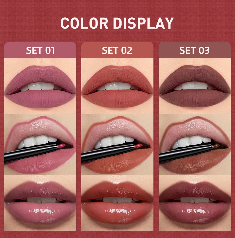 3pcs Matte Liquid Lipstick+Lip Liner Set Lip Glaze Makeup Nude Black Red Velvet Lip Gloss Long Lasting Lip Tint Cosmetics Kits Pi-Mart