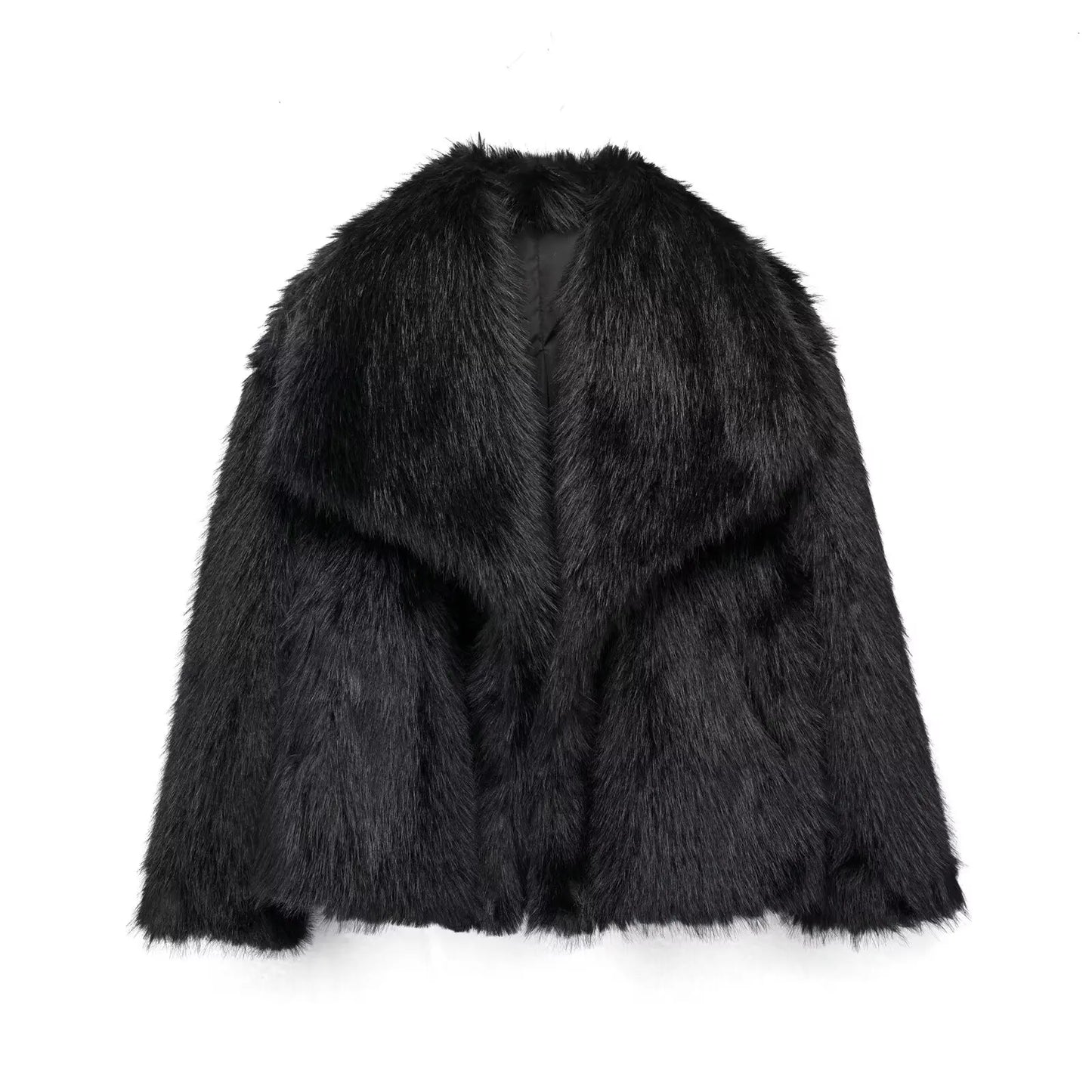 HH Women Fashion Cropped Faux Fur Jacket Coat Long Sleeve Front Snap-button Female Outerwear Chic Lapel Collar Thick Coat LadyShow.Store