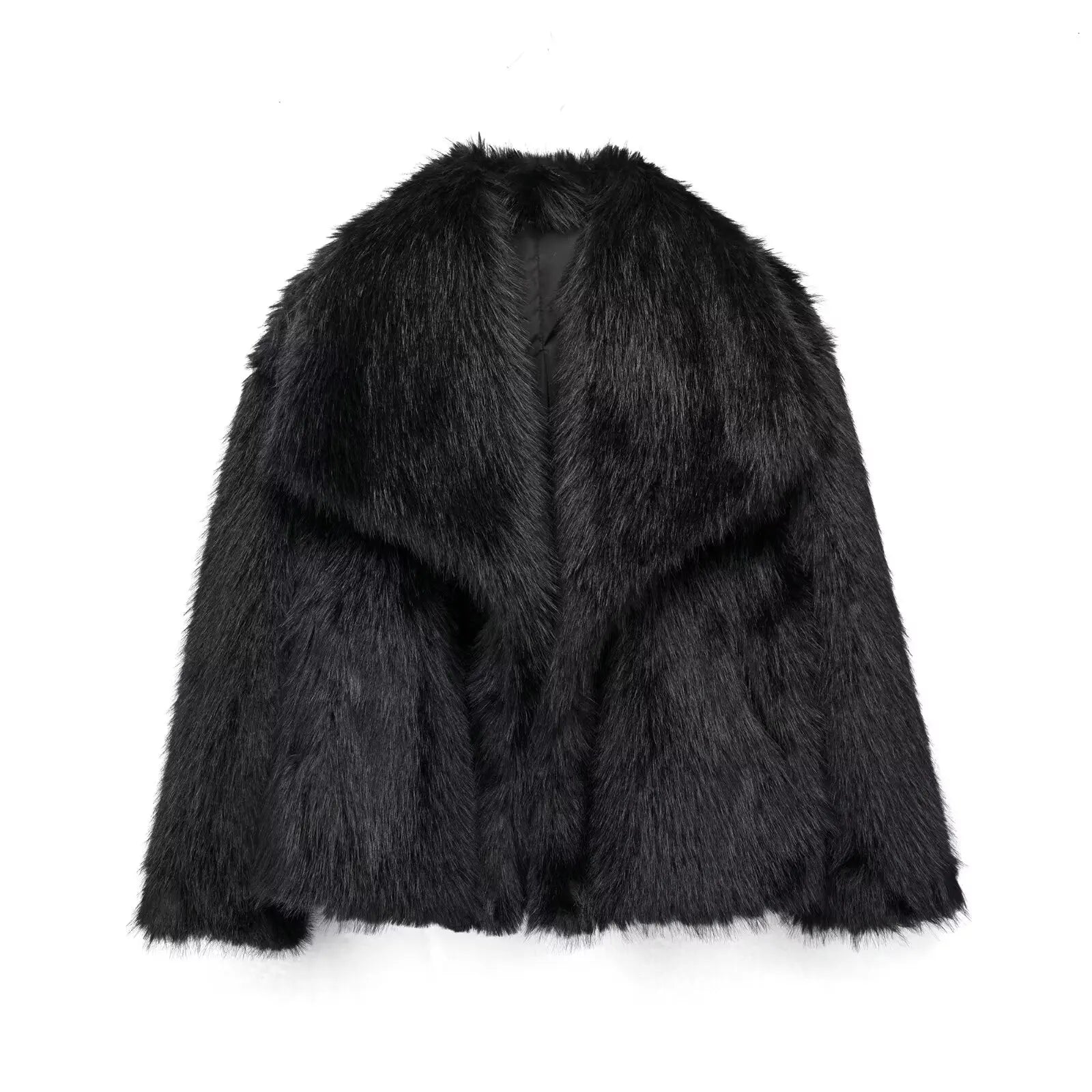 HH Women Fashion Cropped Faux Fur Jacket Coat Long Sleeve Front Snap-button Female Outerwear Chic Lapel Collar Thick Coat LadyShow.Store