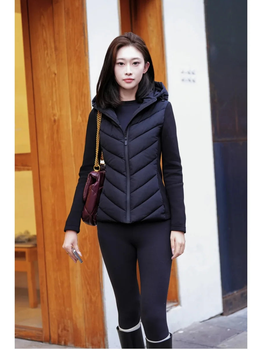 ETJ 2025 new  women's elegant fashion patchwork long sleeve standing collar hooded cotton jacket sport coat 8073227 Pi-Mart