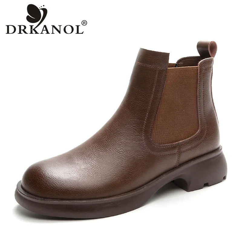 DRKANOL Fashion Women Thick Heel Ankle Boots Autumn Winter Warm Shoes Round Toe Real Cowhide British Style Slip On Chimney Boots Pi-Mart