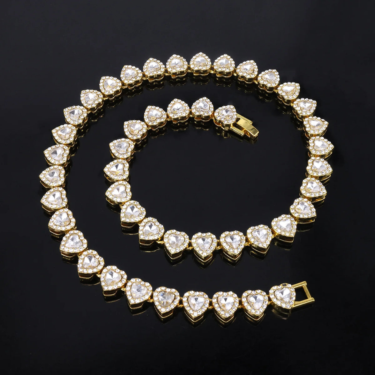 Yupsk 45CM/20CM Shiny Heart Rhinestone Hip Hop Rock Tennis Chain Bracelet Necklace for Women Men Trendy Jewelry Set Gift Pi-Mart