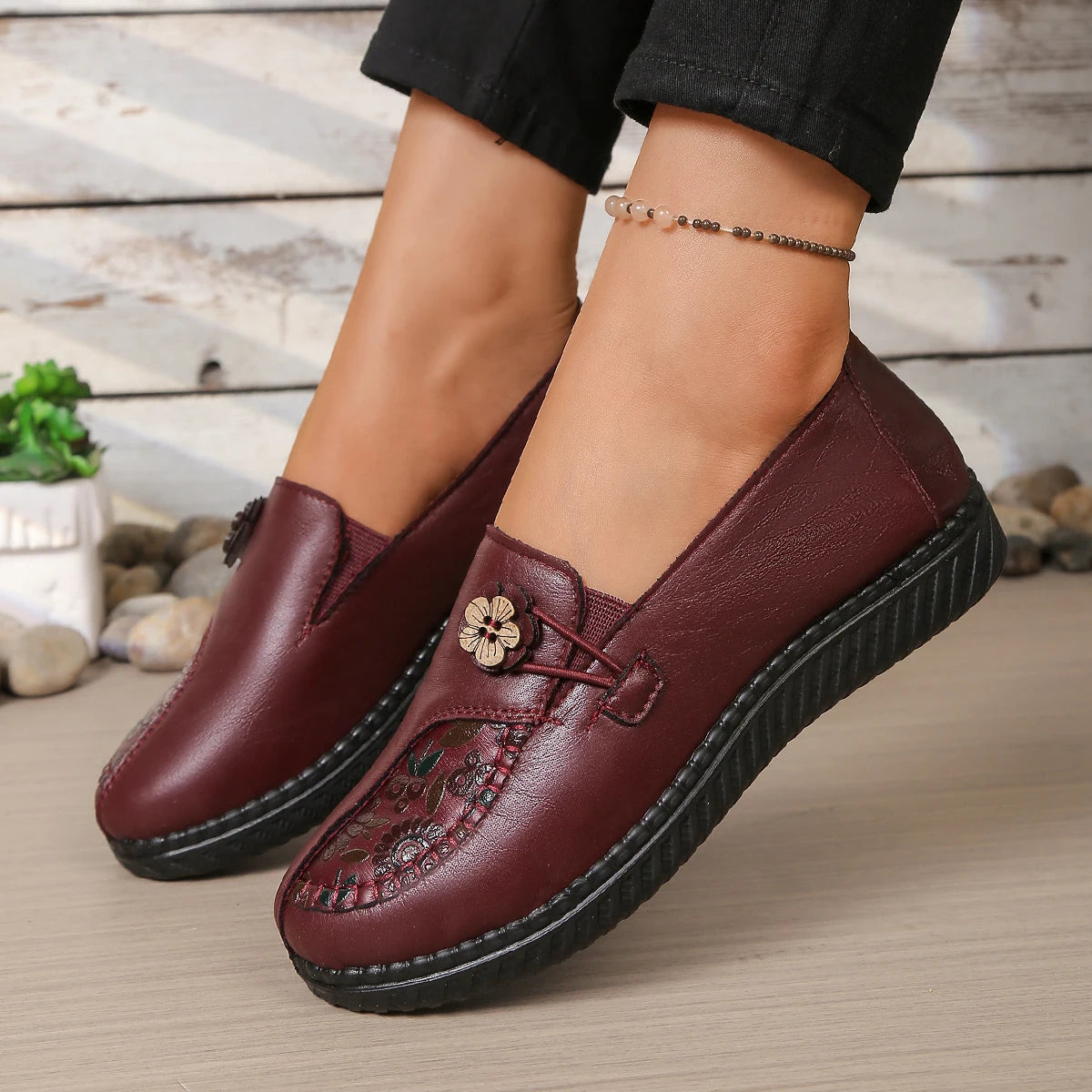 Women's Spring Autumn Leather Loafers Floral Embossed Slip‑On Flats Anti‑Slip Comfort Casual Mom Daily Walking Free Shipping Pi-Mart