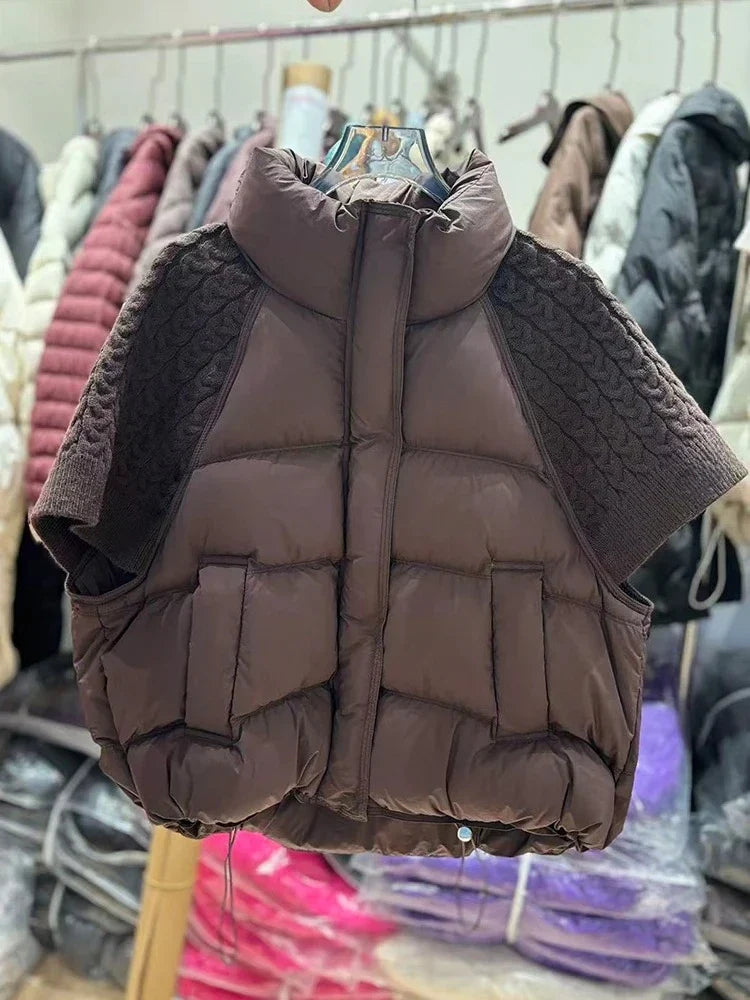 Short Puffer Jacket Sleeveless Duck Down Coat Warm Lightweight Patchwork Knitted Warm Drawstring Short Puffer Down Waistcoat LadyShow.Store