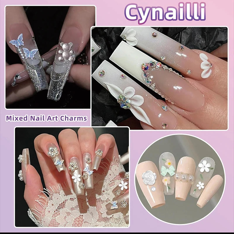 24-Piece 3D Y2K Millennial Nail Art Decoration Set, Assorted Rhinestones, Pearls, Butterfly, Heart & Flower DIY Nail Charms Pi-Mart