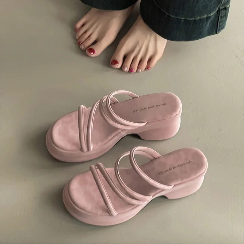 Summer Platform Heel Women Slippers Fashion Open Toe Narrow Band Slide Ladies Elegant Street Style Shoes Fashion Sandals Slides LadyShow.Store