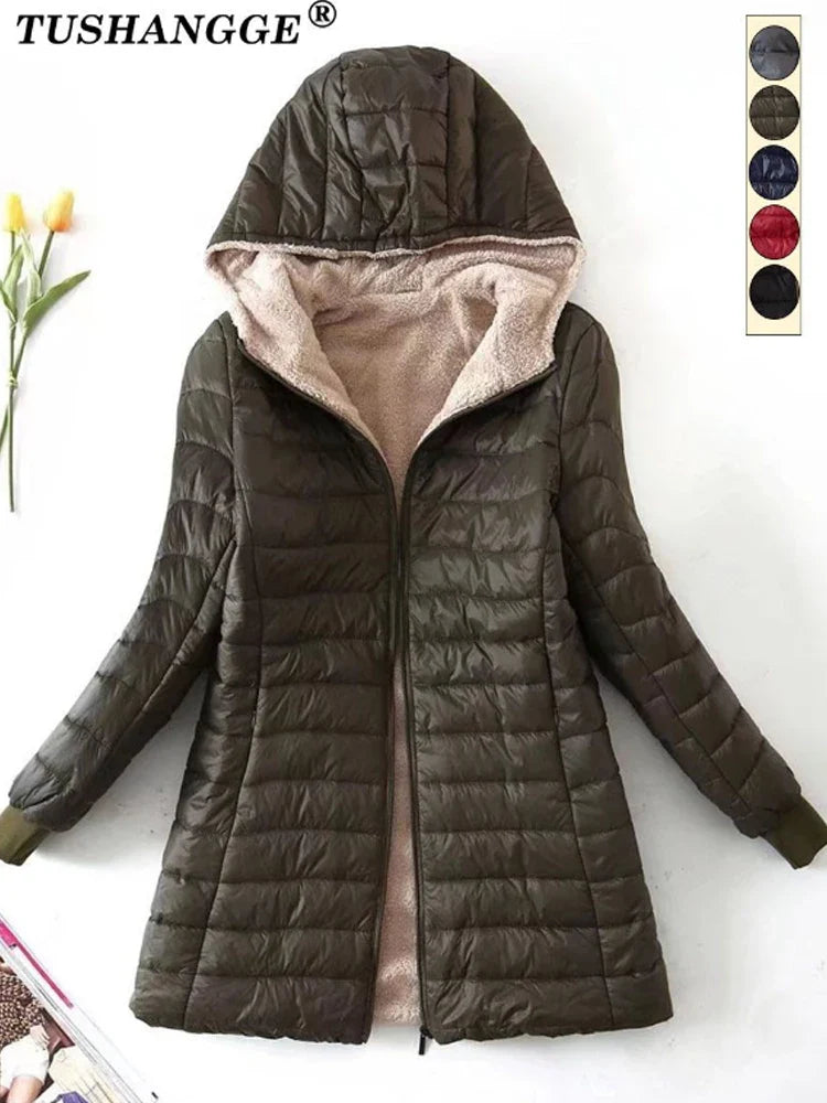 New Mid Length Korean Edition Hooded Fit Women Jackets Autumn Winter Mid-length Office Cotton Coats Warm Lamb Fleece Parkas LadyShow.Store
