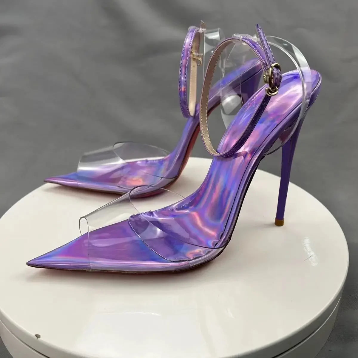 New European and American electric purple ultra soft transparent PVC sandals with straight stripes and slim heels, 12cm sexy Pi-Mart