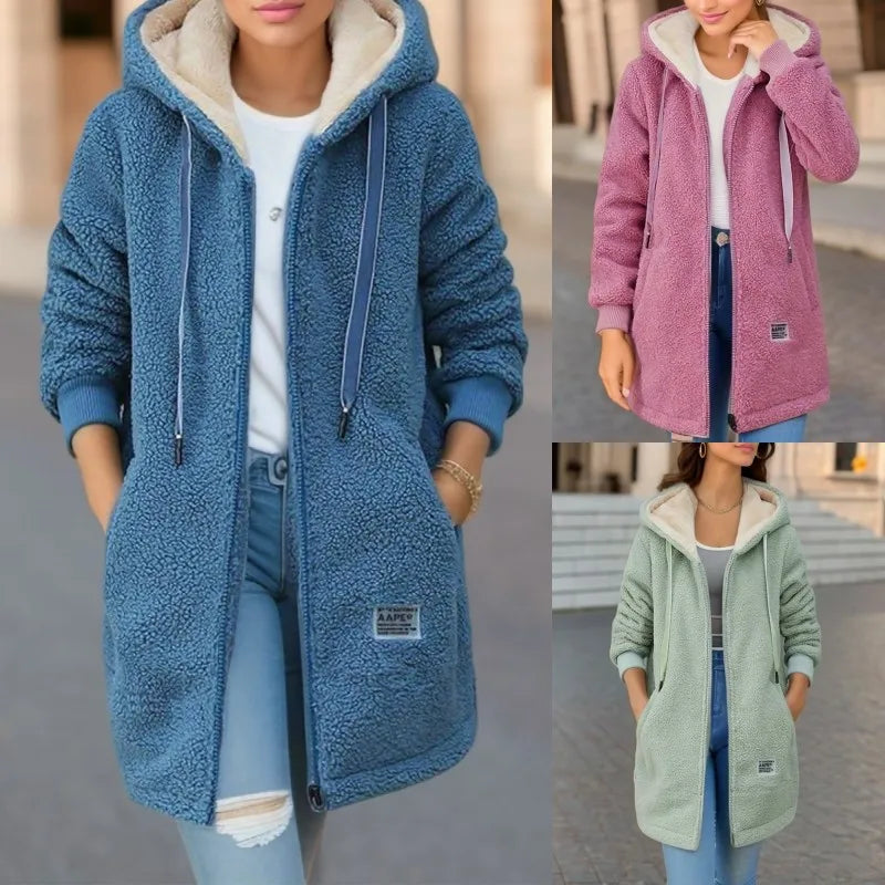 Women's Hooded Top  Winter Coat Thickened Fleece-lined Sweatshirt Cardigan Winter Trendy New Style Lamb Wool Jacket Ladies Pi-Mart