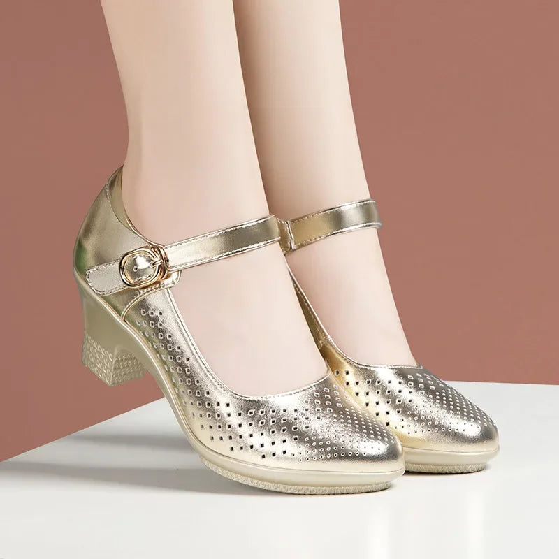 5.5cm 7.5cm Small Size 33 Breathable Cutout Block Heels Shoes Mary Janes 2026 Soft Leather Platform Pumps for Mom Dance Model Pi-Mart