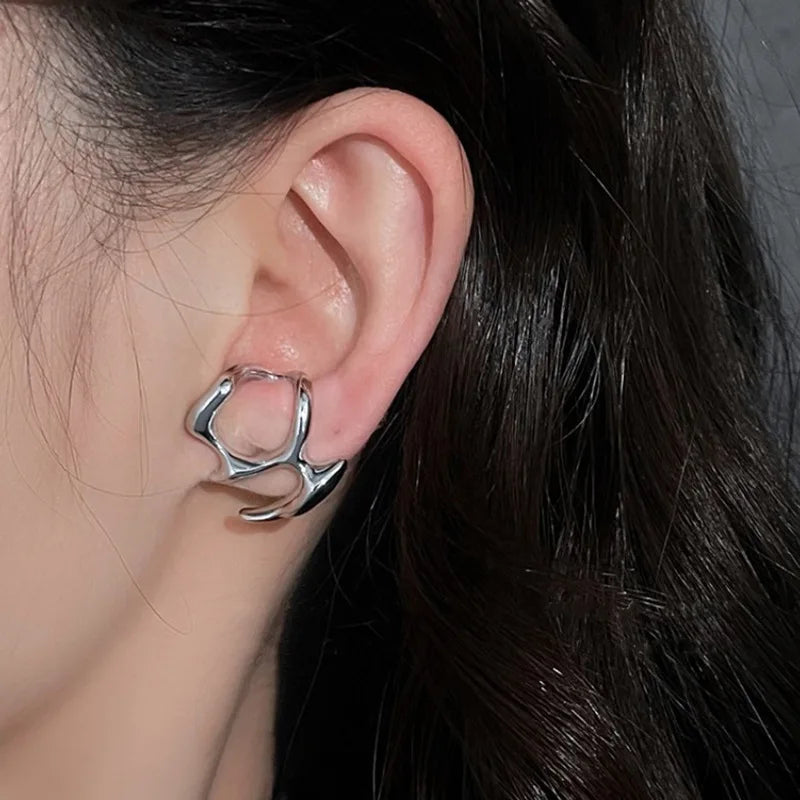 Y2K Irregular Liquid Earrings for Women Silver Color Hip-Hop Punk Fashion Geometric Earring Clip Girl 2024 Trendy Party Jewelry Pi-Mart