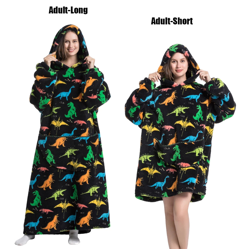 Women Plush Fleece Blanket Men Warm Thick Hoodies Adult Giant TV Blanlets with Sleeves Super Long Cold-proof Homewear Pajamas Pi-Mart