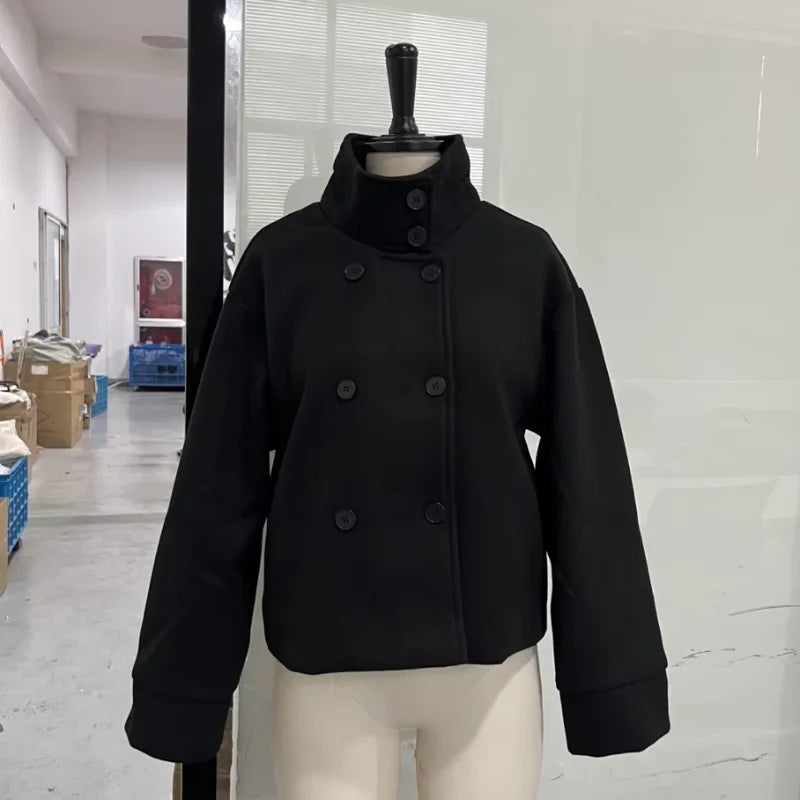 Fashion Short Woolen Coat For Women Stand Collar Full Sleeve Loose Zipper Jacket Female 2025 Spring Autumn Solid Lady Outwear LadyShow.Store