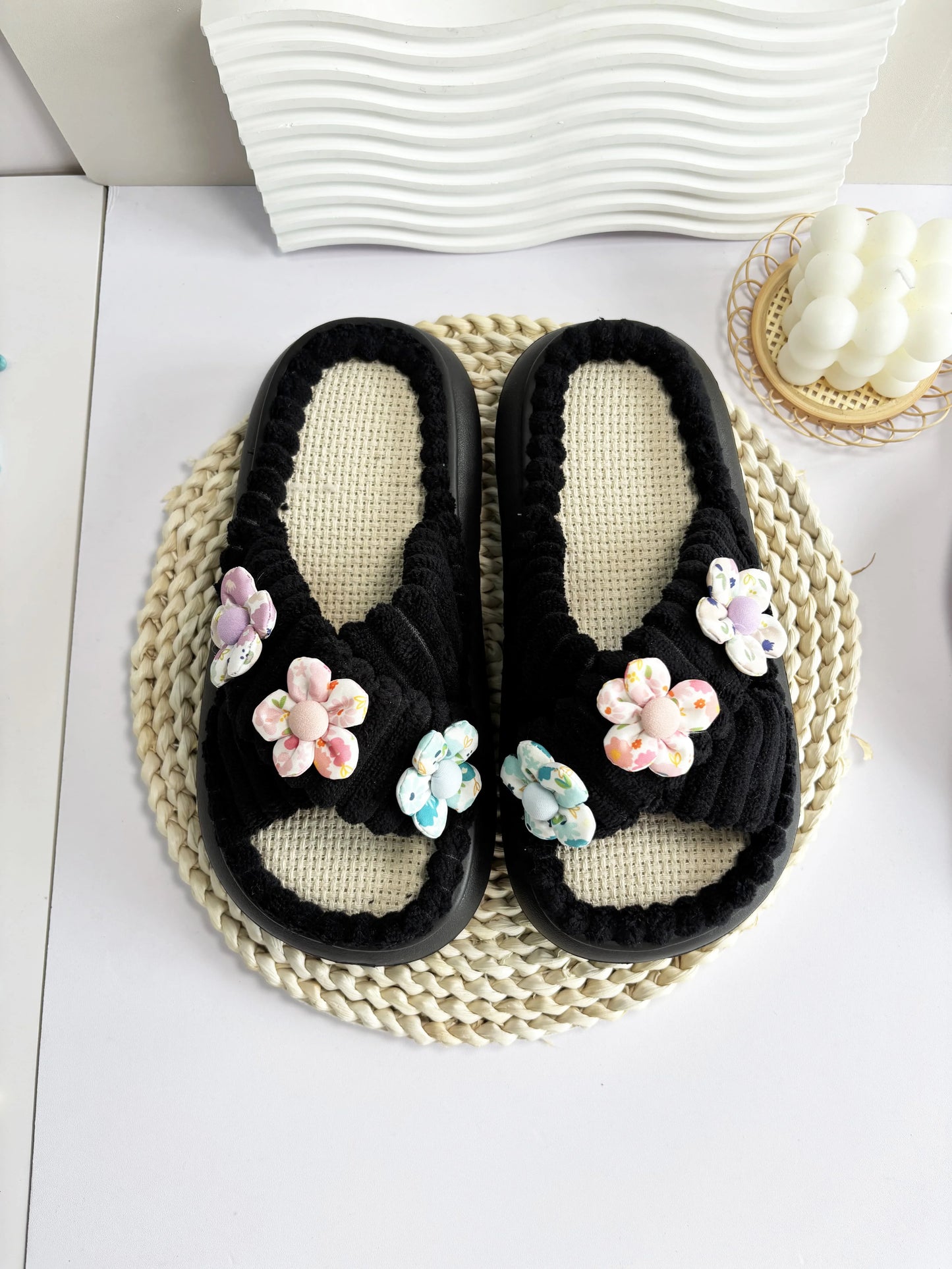 2024 Autumn Winter New Women Home Slippers Open-Toe Cross Band Linen Soled Indoor Slides Linen Soled Non-Slip Bathroom Slippers Pi-Mart