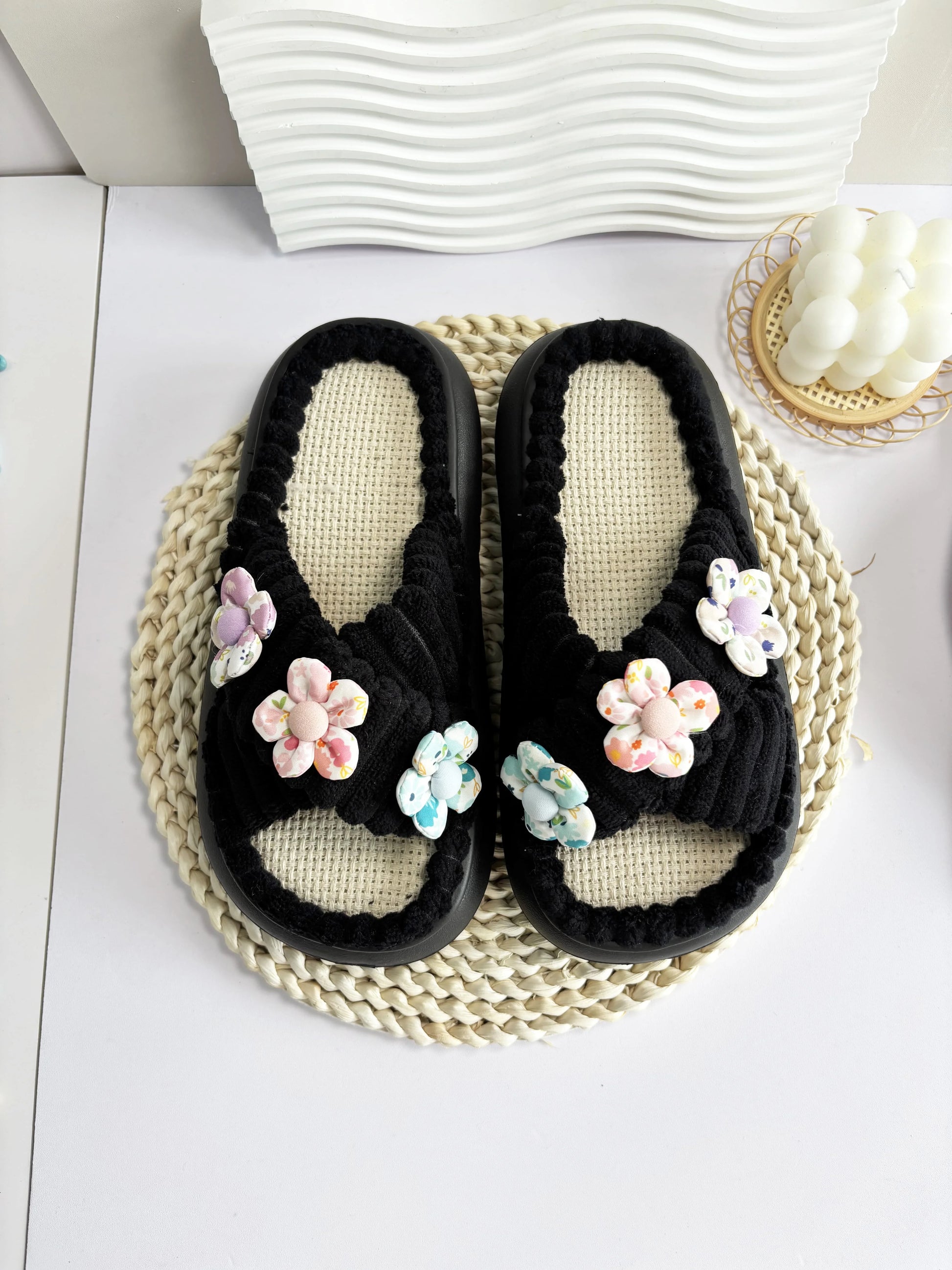 2024 Autumn Winter New Women Home Slippers Open-Toe Cross Band Linen Soled Indoor Slides Linen Soled Non-Slip Bathroom Slippers Pi-Mart