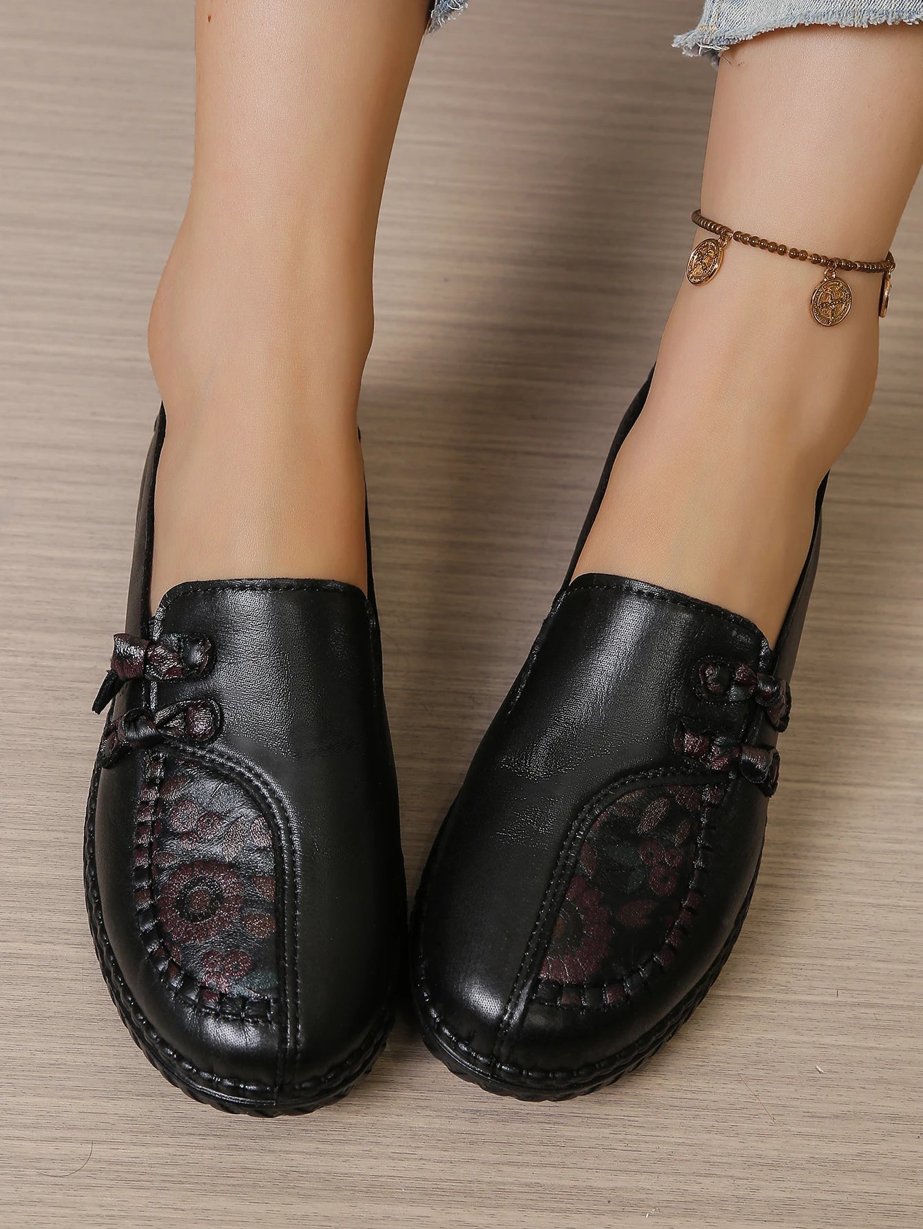 Women's Spring Autumn Leather Loafers Floral Embossed Slip‑On Flats Anti‑Slip Comfort Casual Mom Daily Walking Free Shipping Pi-Mart