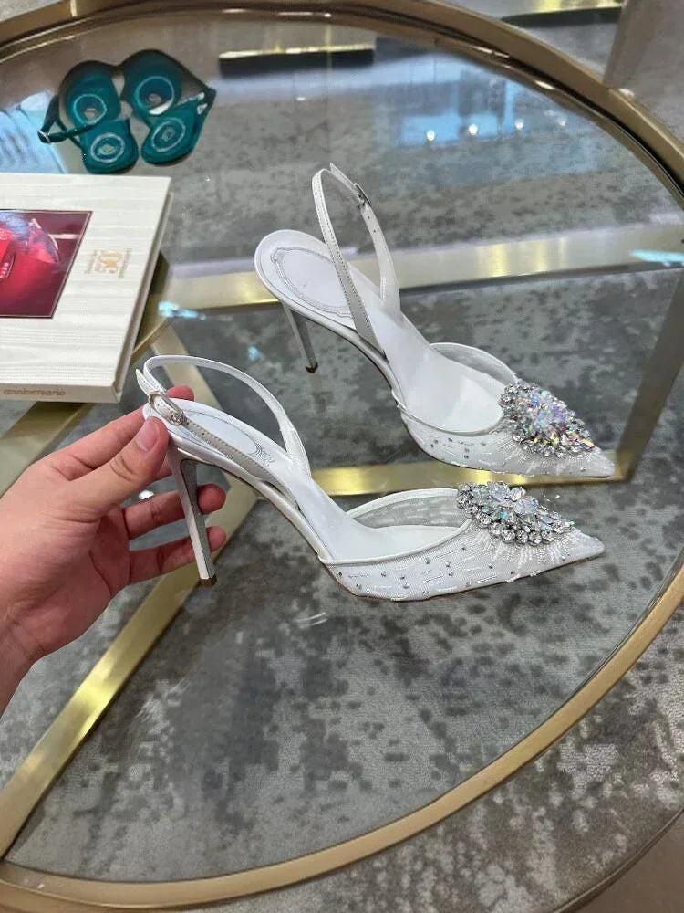 White Wedding Shoes, Rhinestone Pointed Crystal Toe Sandals, New High-heeled Shoes, Sexy Single Shoes Pi-Mart