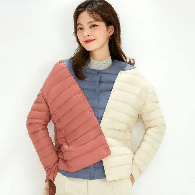 New Female Light Down Coat Women Liner Duck Down Jacket O-neck Variable V-neck 2024 Fall Collarless Light Quilted Puffer Coat LadyShow.Store