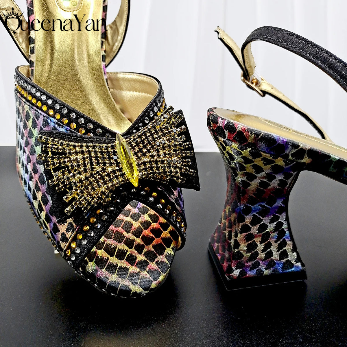 QueenaYan 2026 New Italian Pumps and Bag To Party  INS Style Open-Toe Rhinestone Elegant High Heels for Women Party Pi-Mart