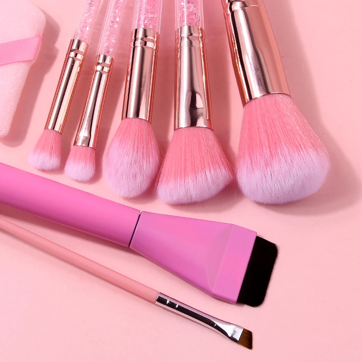 11Pcs Pink Makeup Brush Set with Sponge & Puff, Professional Glitter Handle Brushes for Foundation, Eyeshadow, Blush, Full Face Pi-Mart