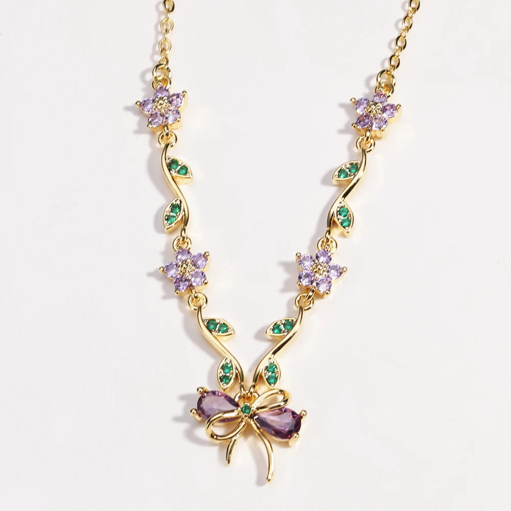 Summer New Fashion Exquisite Bow Leaf Flower Necklace For Women's Elegant Pink Zircon Chain Pendant Jewelry Gifts Pi-Mart