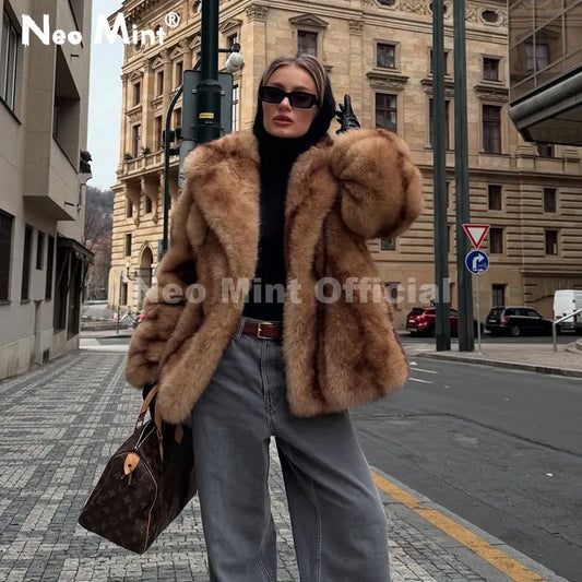 Neo Mint Luxury Brand Fashion Women Yellow Striped Faux Fur Jacket Coat Chic Girls 2025 Winter Oversized Warm Outerwear Overcoat LadyShow.Store