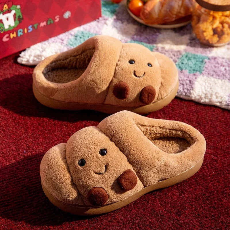 Cute Cartoon Fluffy Slippers For Women Men Winter House Shoes Furry Croissant Bread Style Anti-slip Couples Home Cotton Slides LadyShow.Store