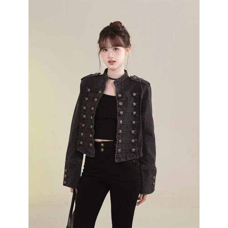 Women's American Retro Denim Military Inspired Cropped Jacket Long Sleeve Stand Collar Casual Motorcycle Coat LadyShow.Store