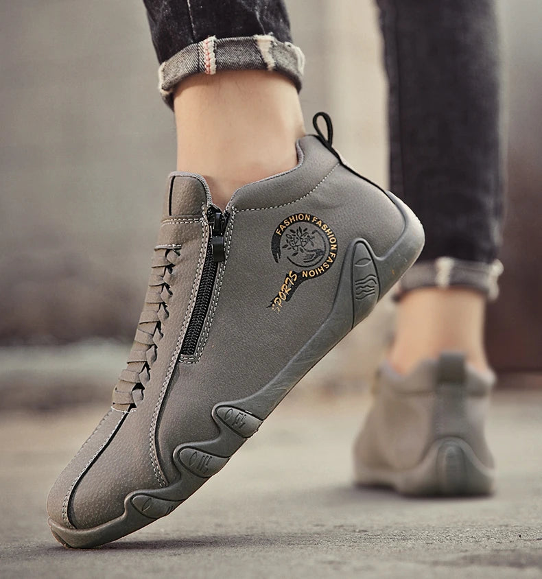 Men's Casual Shoes Side Zipper Short Boots Versatile Flats Bottom Trbottomyy Fashion Pu Leather Men's Shoes Spring Suitable for Outdoor Sports Pi-Mart