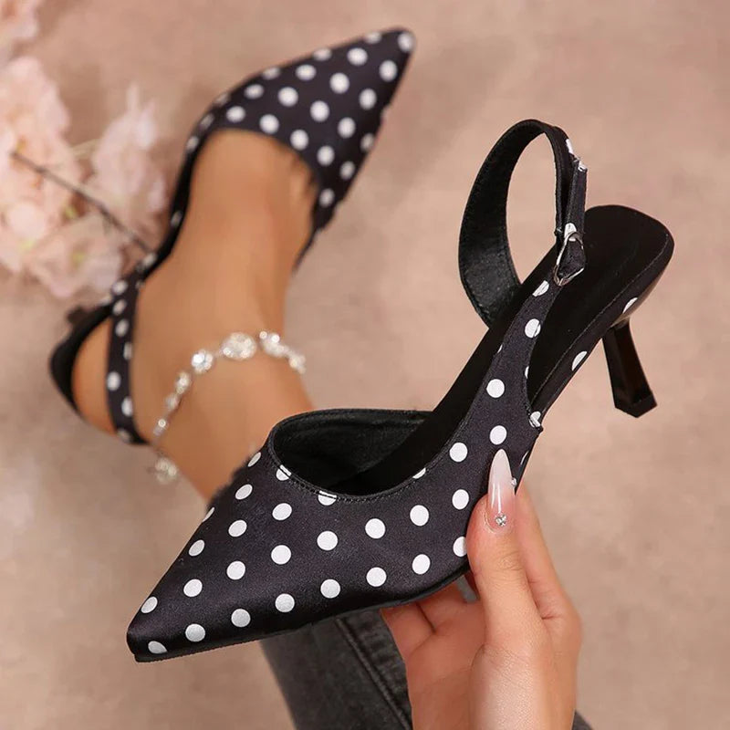 Vintage Polka Pot Pointed Toe Pumps Women Banquet Stiletto High Heel Shoes for Woman Adjustable Buckle Strap Chic Summer Shoes LadyShow.Store