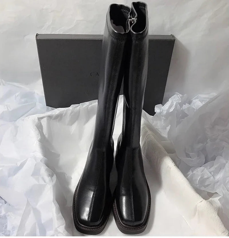Vintage Thick Heel Women Knee High Boots Fashion Side Zippers Shoes Autumn Winter Ladies Concise Long Botas De Mujer Pi-Mart