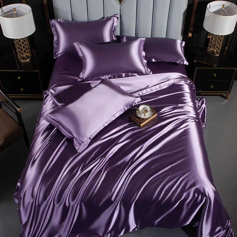 A/B Double-Sided Color Bedding Set Silky Satin Duvet Cover Bed Sheet Pillowcase Luxury Bedsheet King Queen Double Twin Size LadyShow.Store