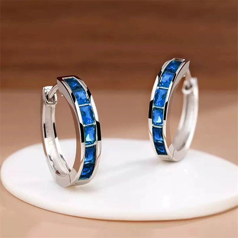 Huitan Hoop Earrings with Princess Cubic Zirconia Exquisite Ear Circle Earrings for Women Silver Color Fashion Versatile Jewelry Pi-Mart