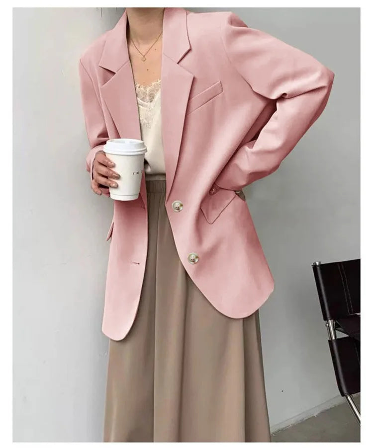 Mid Length Blazer Jacket Women Solid Long Sleeve Pocket Lapel Single Beasted Formal Coat Outerwear Loose Work Casual Blazers Pi-Mart