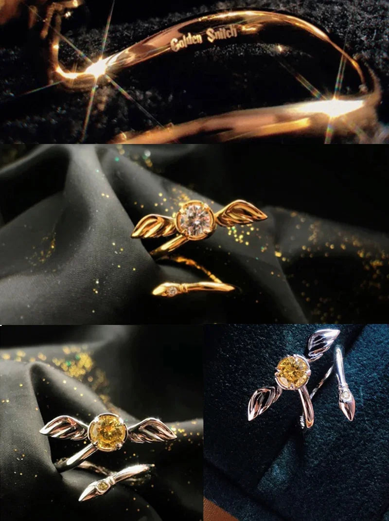 925 Sterling Silver  HP Cosplay Hary Potters Gold Snitch Ball Adjustable Rotatable Ring  Jewelry Props Women Men Couple Gifts Pi-Mart