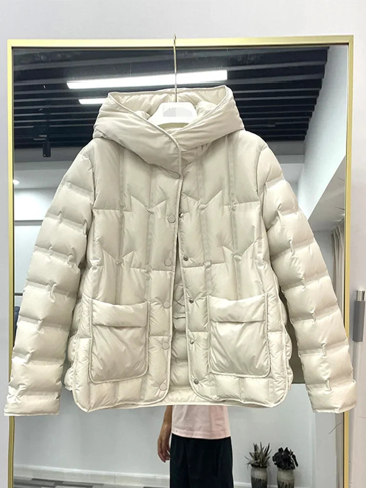 Winter Women 90% White Duck Down Coat Female Stand Collar Single-Breasted Puffer Jacket Casual Loose Hooded Parkas Coat Women LadyShow.Store